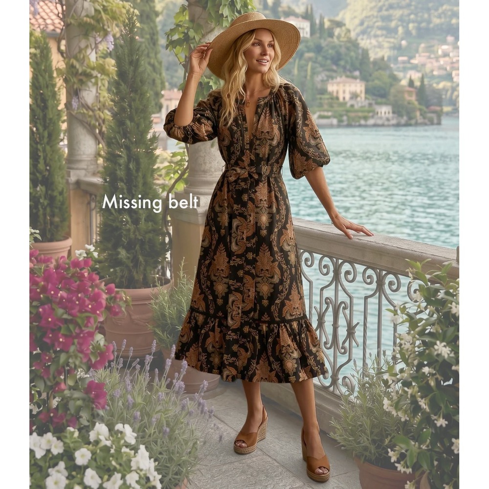 Trish Scully Blain Dress Black Damask Print Cotton Maxi Dress Size L Resortwear